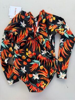 Kids Long-Sleeve Floral Tropical Swim Bodysuit in Black